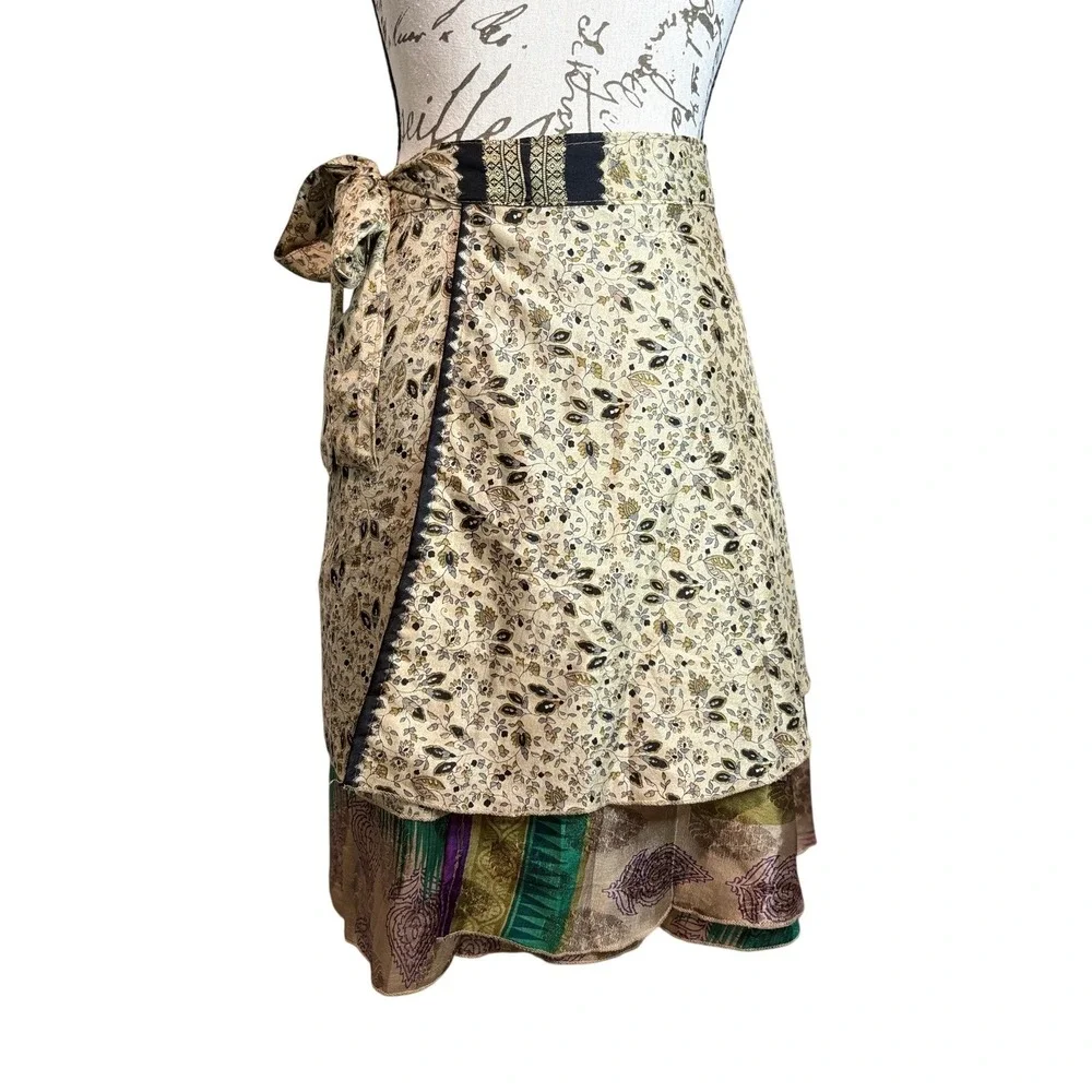 Reversible Silk Wrap Skirt Boho Floral Paisley Multicolor OS 21